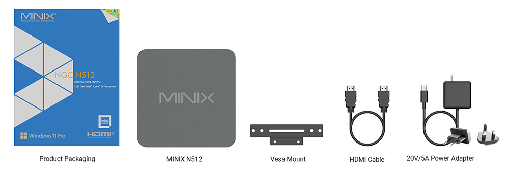 MINIX N512 Mini PC, Intel Core i5-12600H 8 jadier Max. 4.5GHz, 16GB RAM 1TB SSD, 2*HDMI + USB-C + Thunderbolt 4 Quad Screen Display, WiFi 6 Bluetooth 5.2, 4*USB3.2, 1*2,5G LAN, 1*1G LAN, 1*Audio Jack